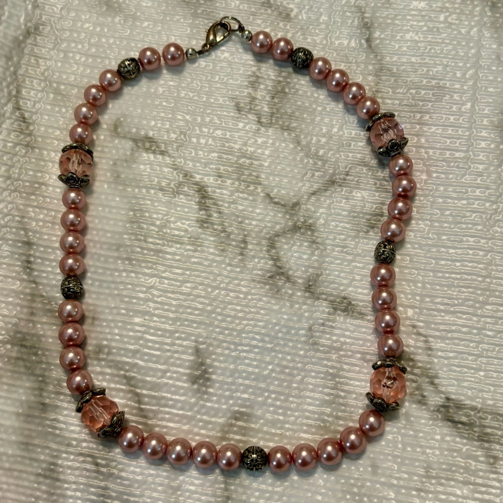 Pink Pearl and Crystal Silver Necklace